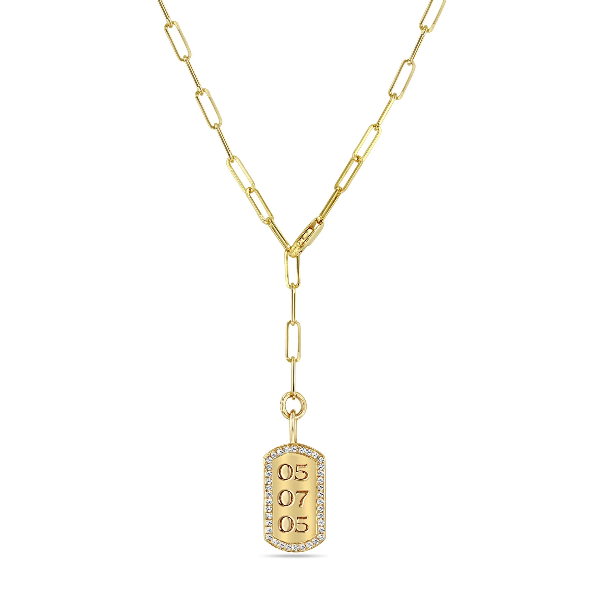 14k Engraved Date with Diamond Border X-Small Dog Tag Necklace on Adjustable Paperclip Chain