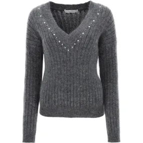 Alessandra Rich wool knit sweater with studs and crystals