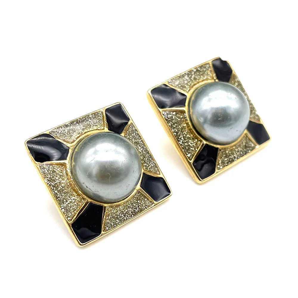 【AUS輸入】 ヴィンテージ グレーパール エナメル グリッター ピアス/Vintage Gray Pearl Enamel Glitter Post Earrings