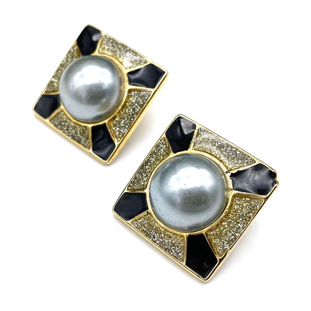 【AUS輸入】 ヴィンテージ グレーパール エナメル グリッター ピアス/Vintage Gray Pearl Enamel Glitter Post Earrings