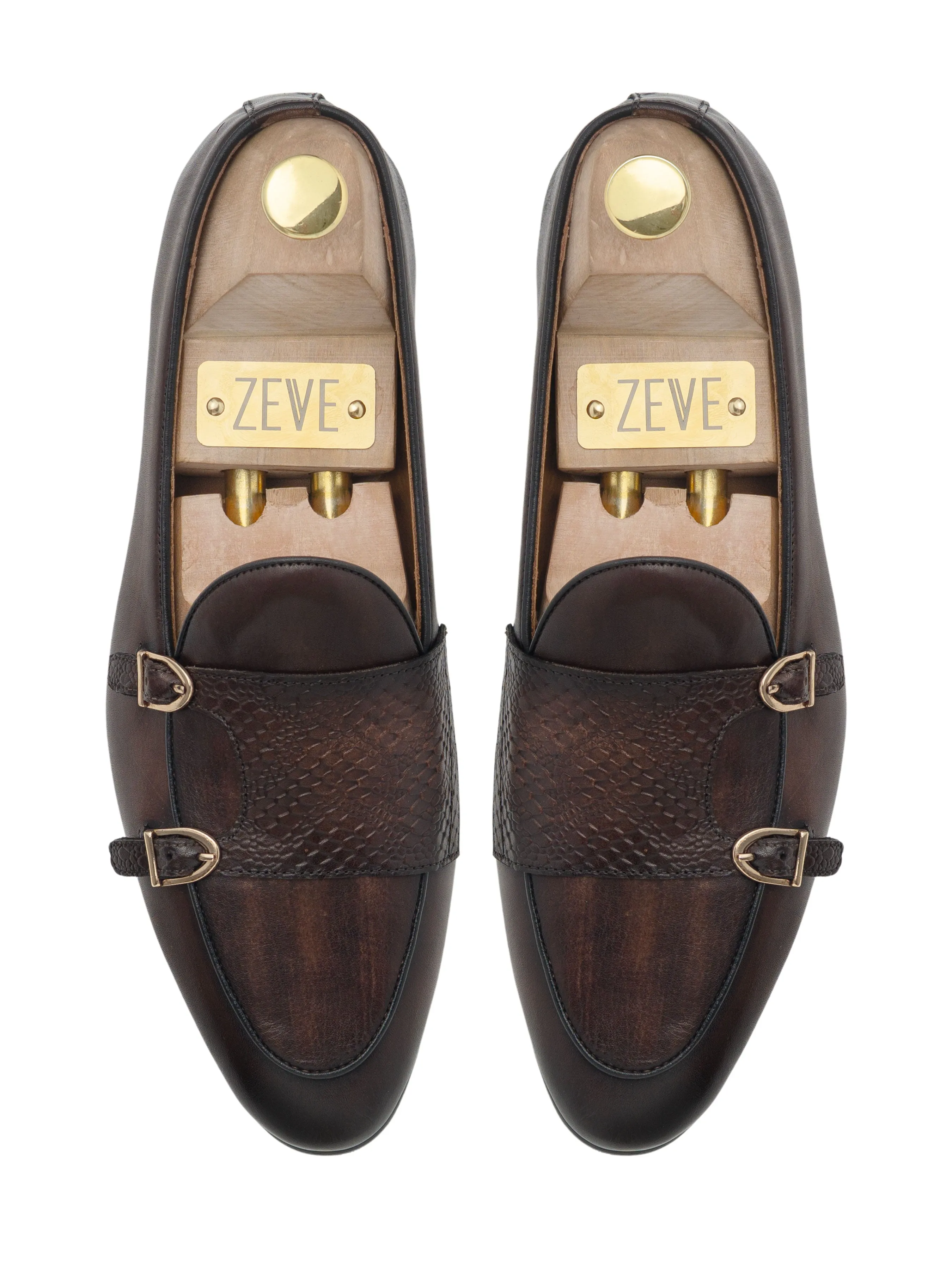 Belgian Loafer - Dark Brown Snake Skin Double Monk Strap (Hand Painted Patina)