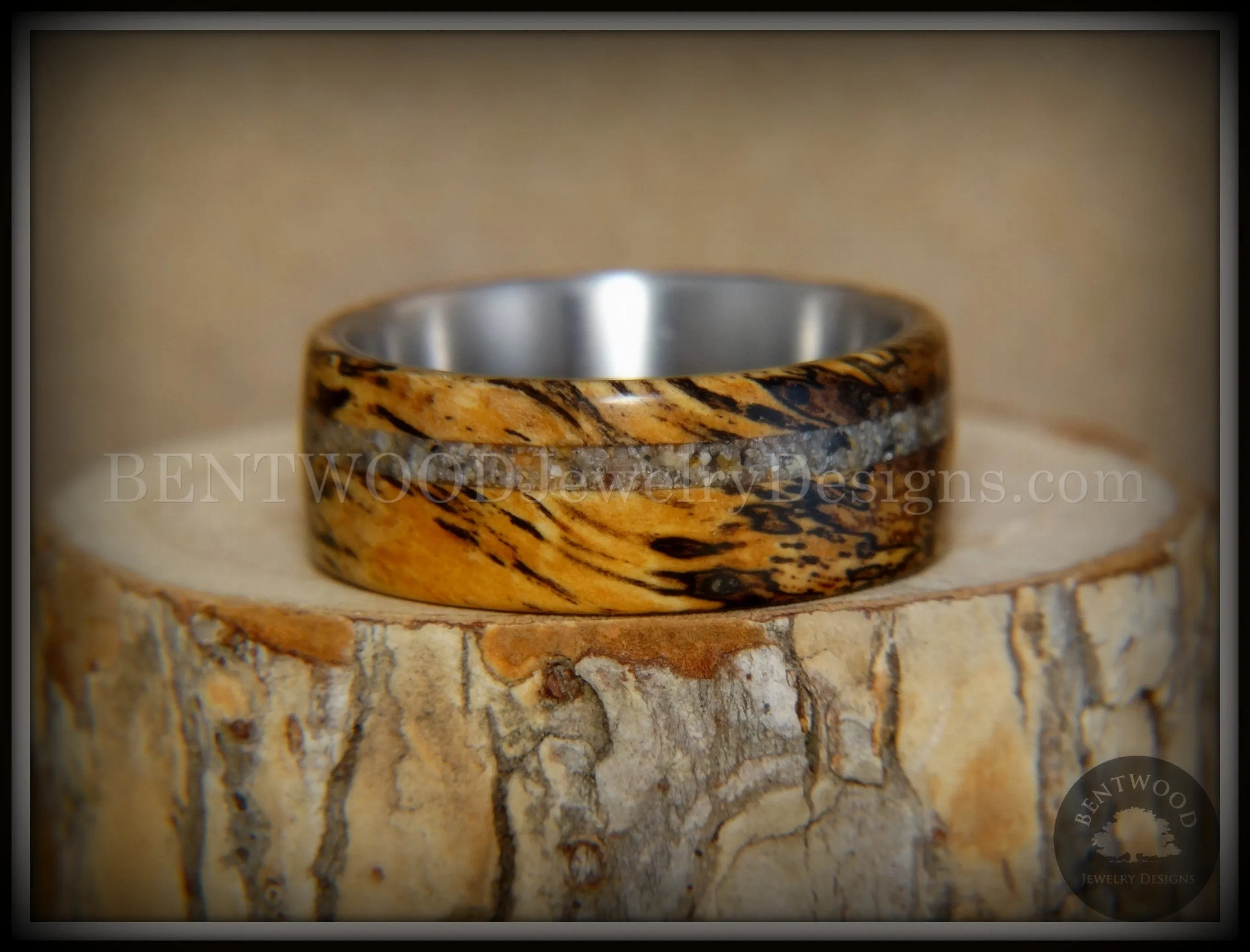 Bentwood Ring - Spalted Live Oak Beach Sand Inlay Stainless Steel Core