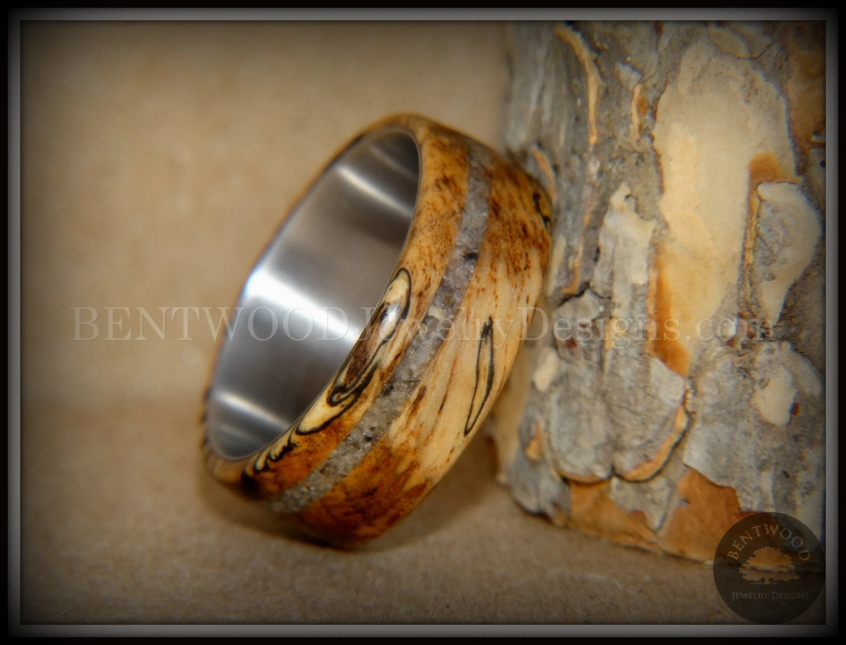 Bentwood Ring - Spalted Live Oak Beach Sand Inlay Stainless Steel Core