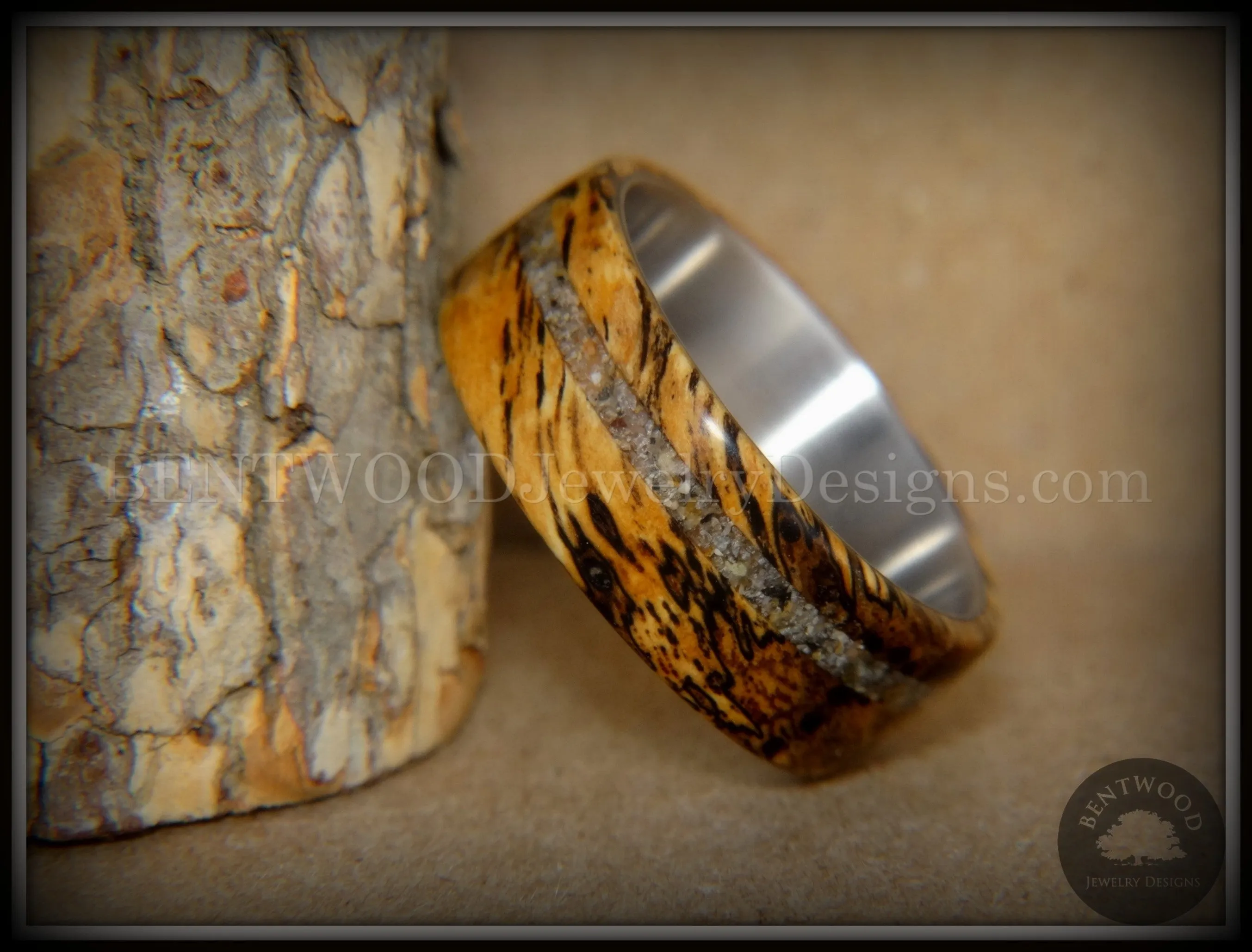 Bentwood Ring - Spalted Live Oak Beach Sand Inlay Stainless Steel Core