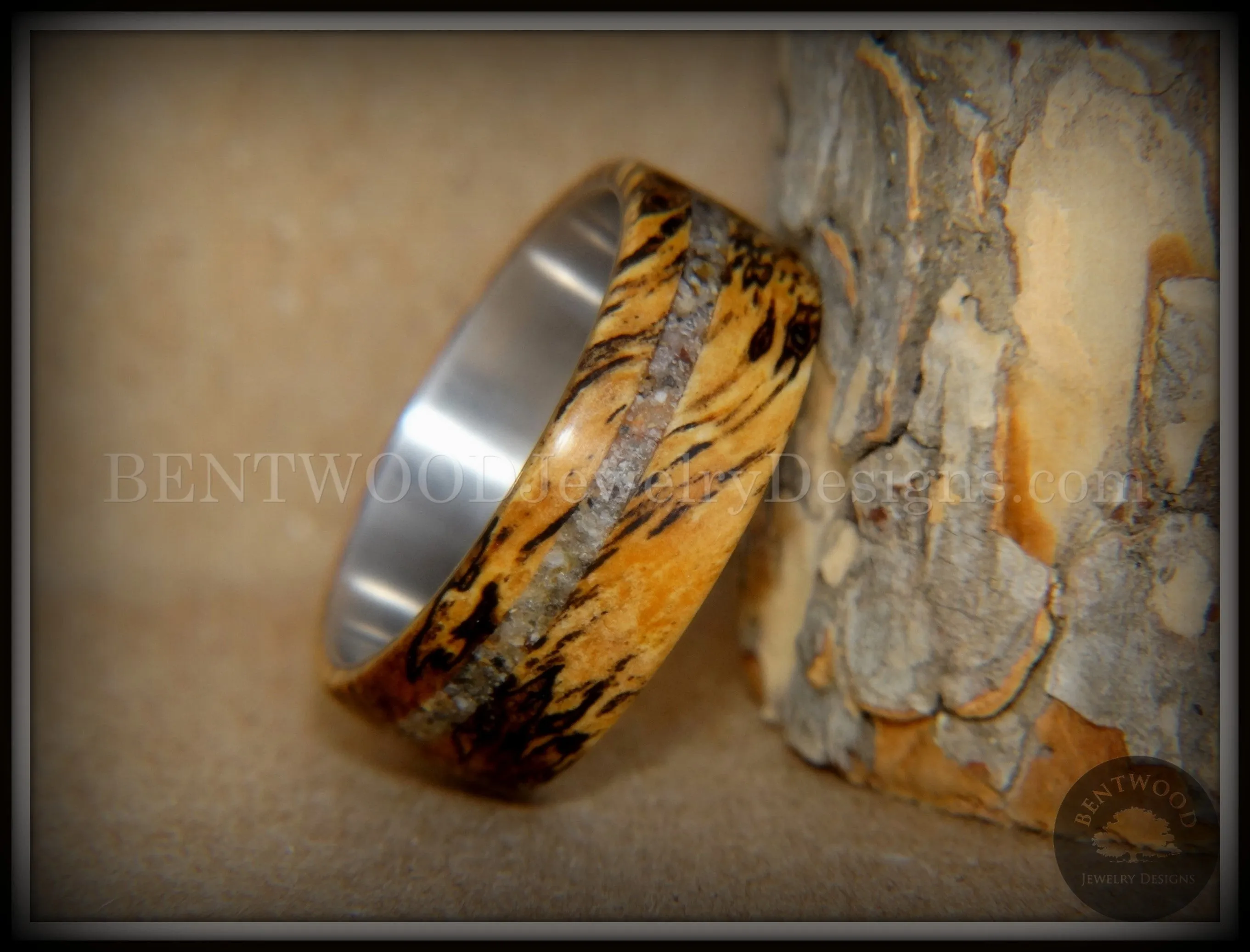 Bentwood Ring - Spalted Live Oak Beach Sand Inlay Stainless Steel Core