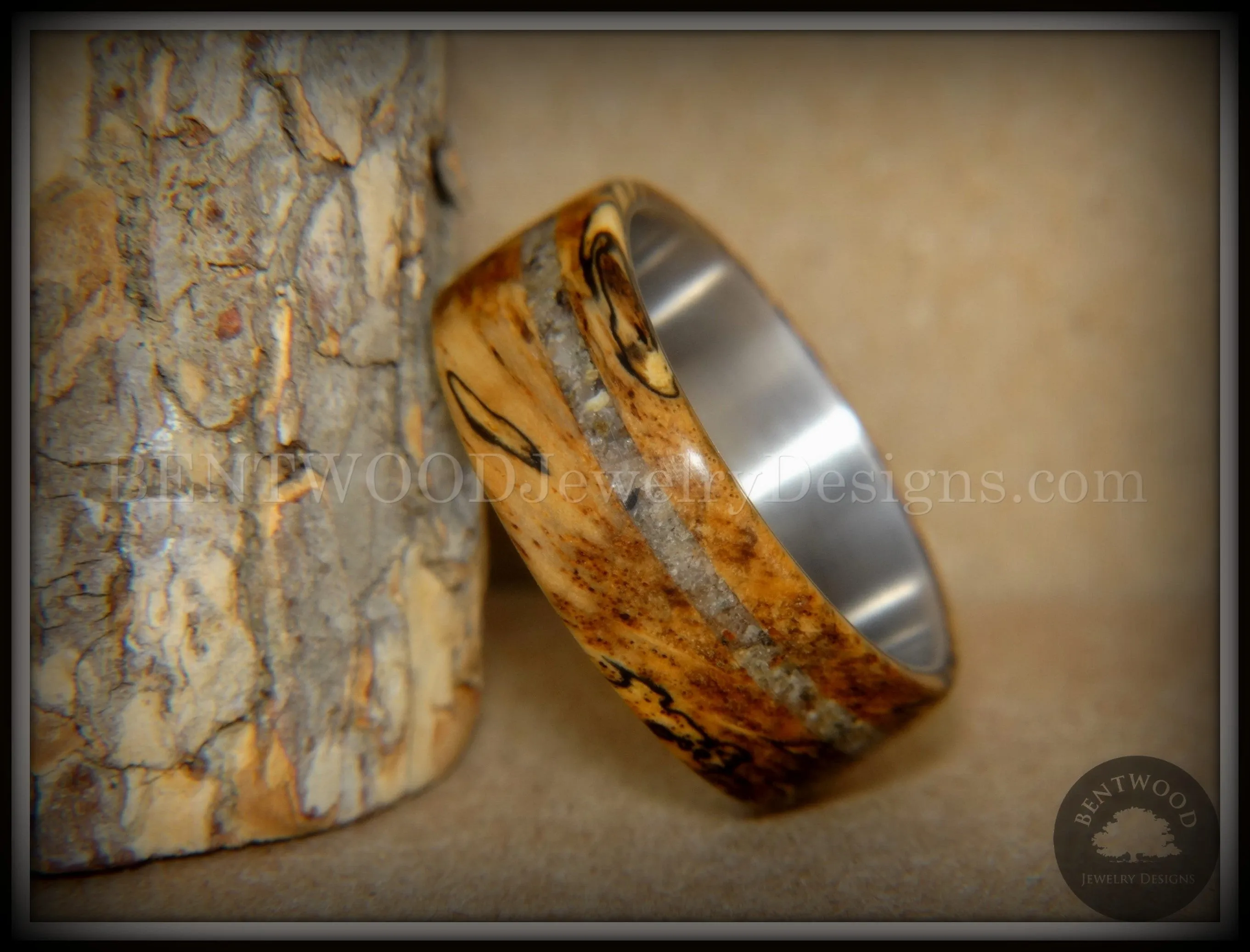 Bentwood Ring - Spalted Live Oak Beach Sand Inlay Stainless Steel Core