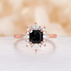 Black Onyx Vintage Asscher Halo Engagement Ring Rose Gold