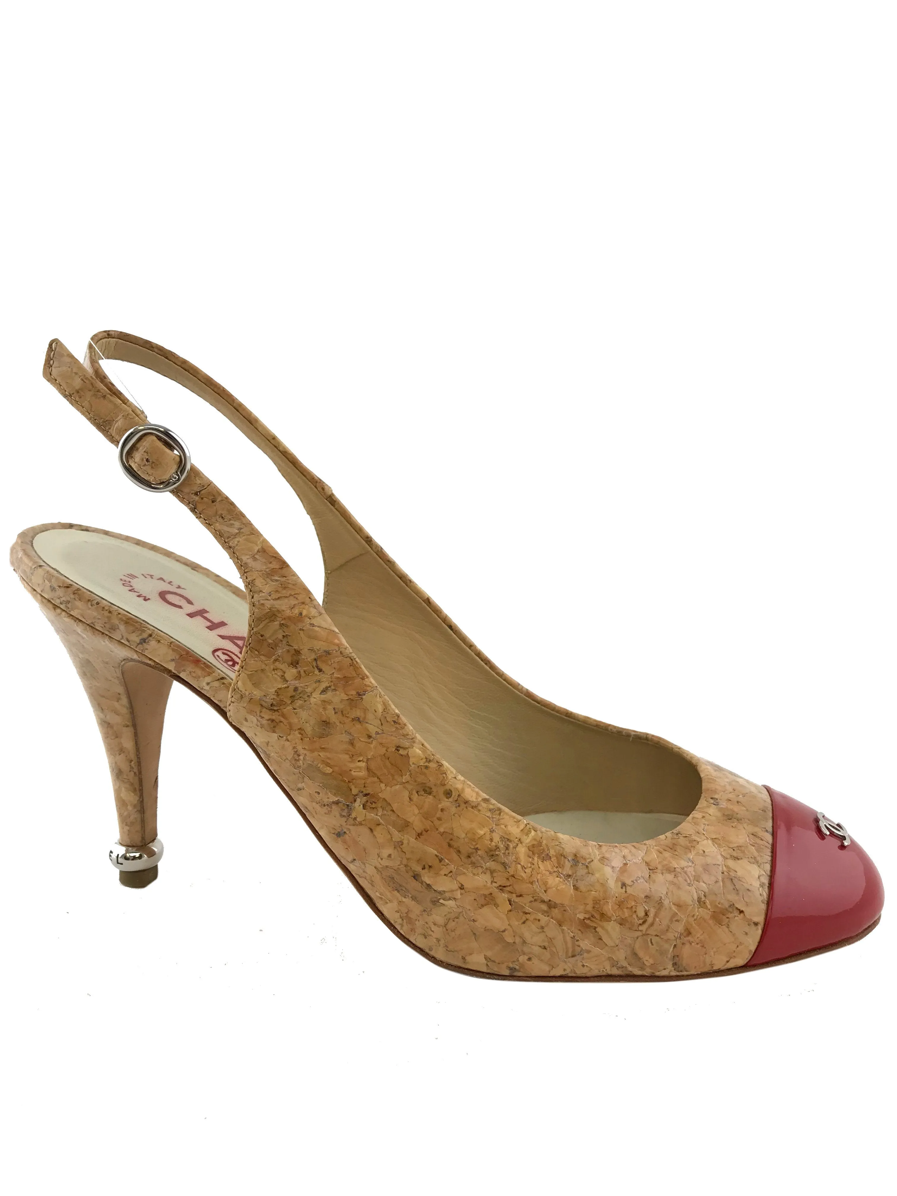 Chanel Glazed Cork CC Cap Toe Slingback Pump Size 6.5