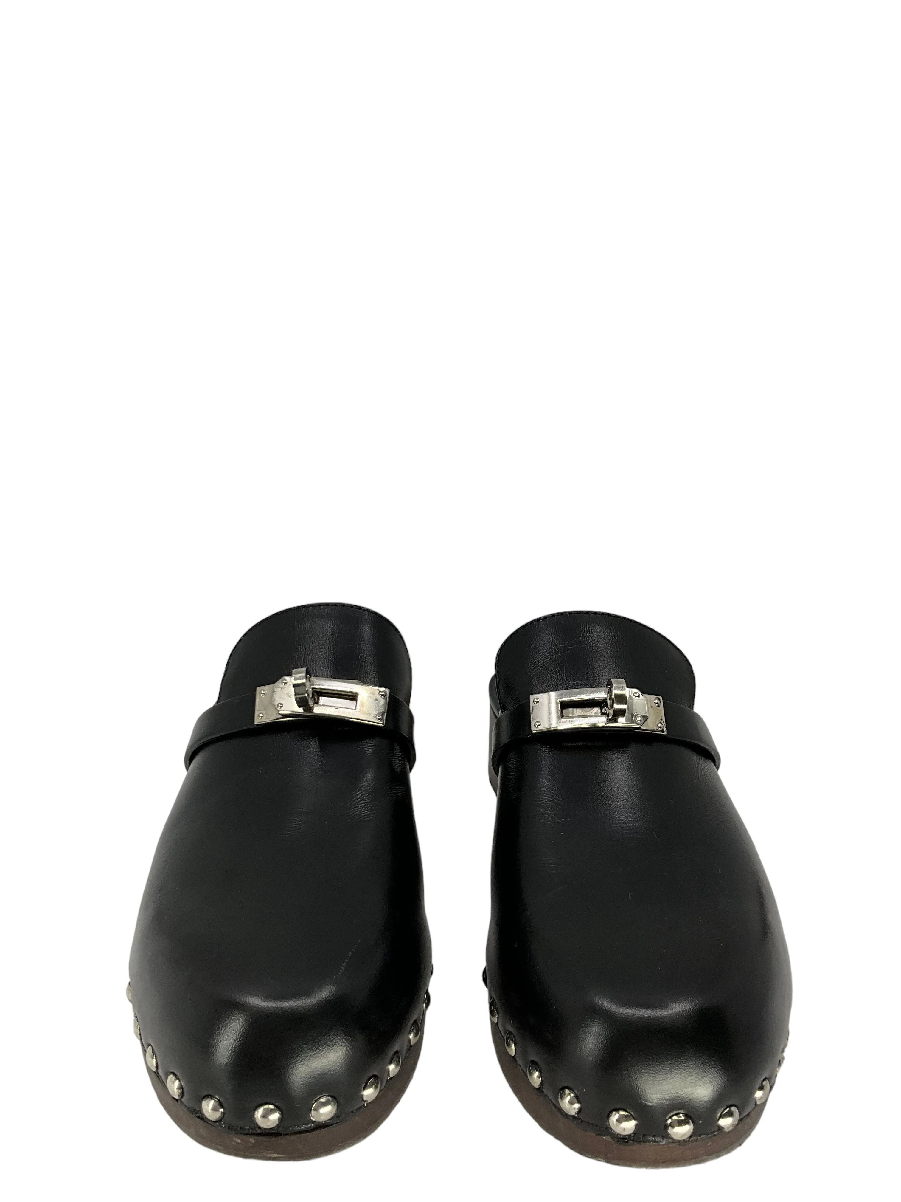 Hermes Black Leather Carlotta Clogs Size 7