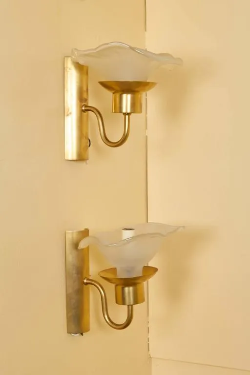 Hollywood Regency 'Moonflower' Satin Glass and Brass Sconces, Pair