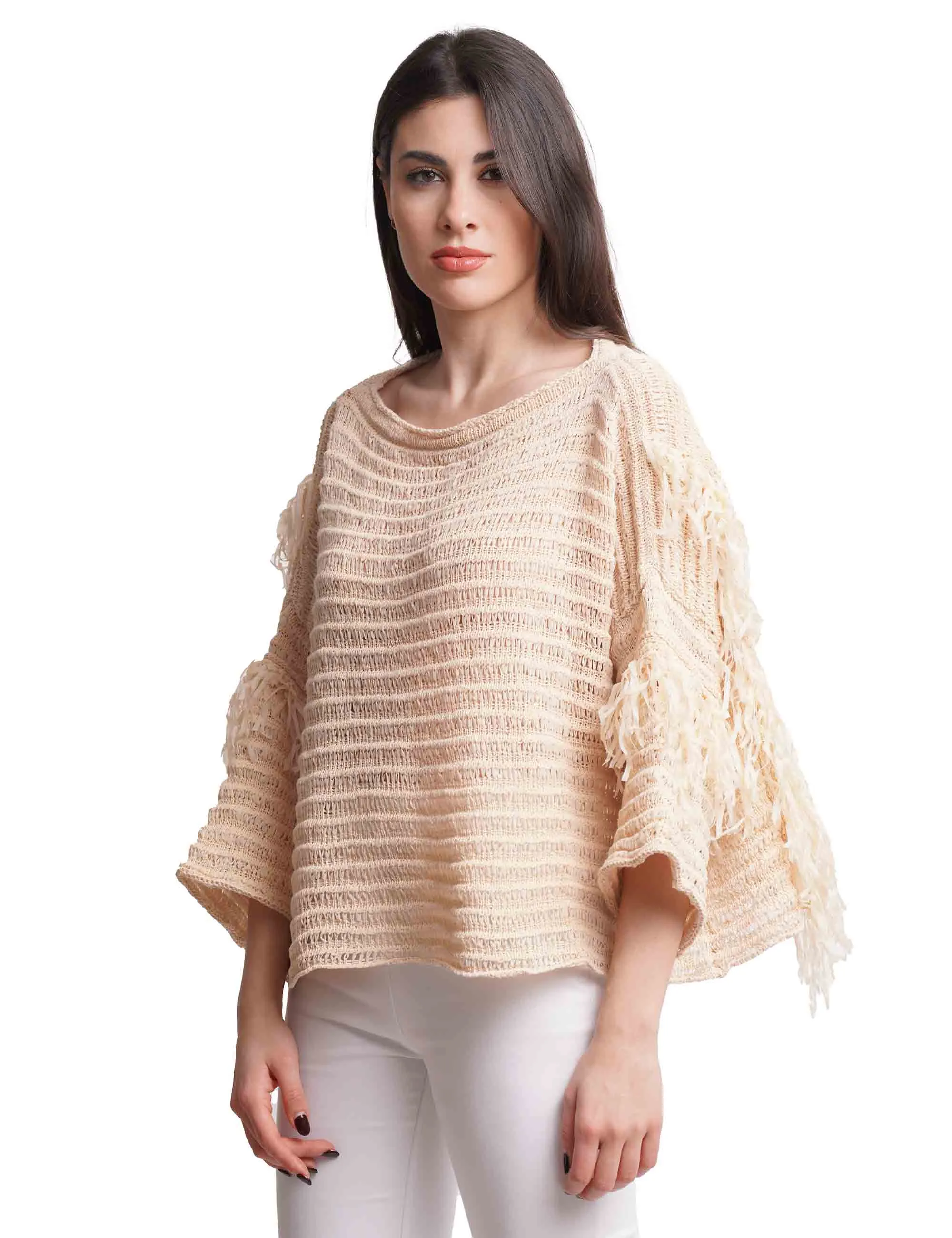 Maglie donna Fettuccia Superlight in tessuto beige con maniche 3/4 e frange