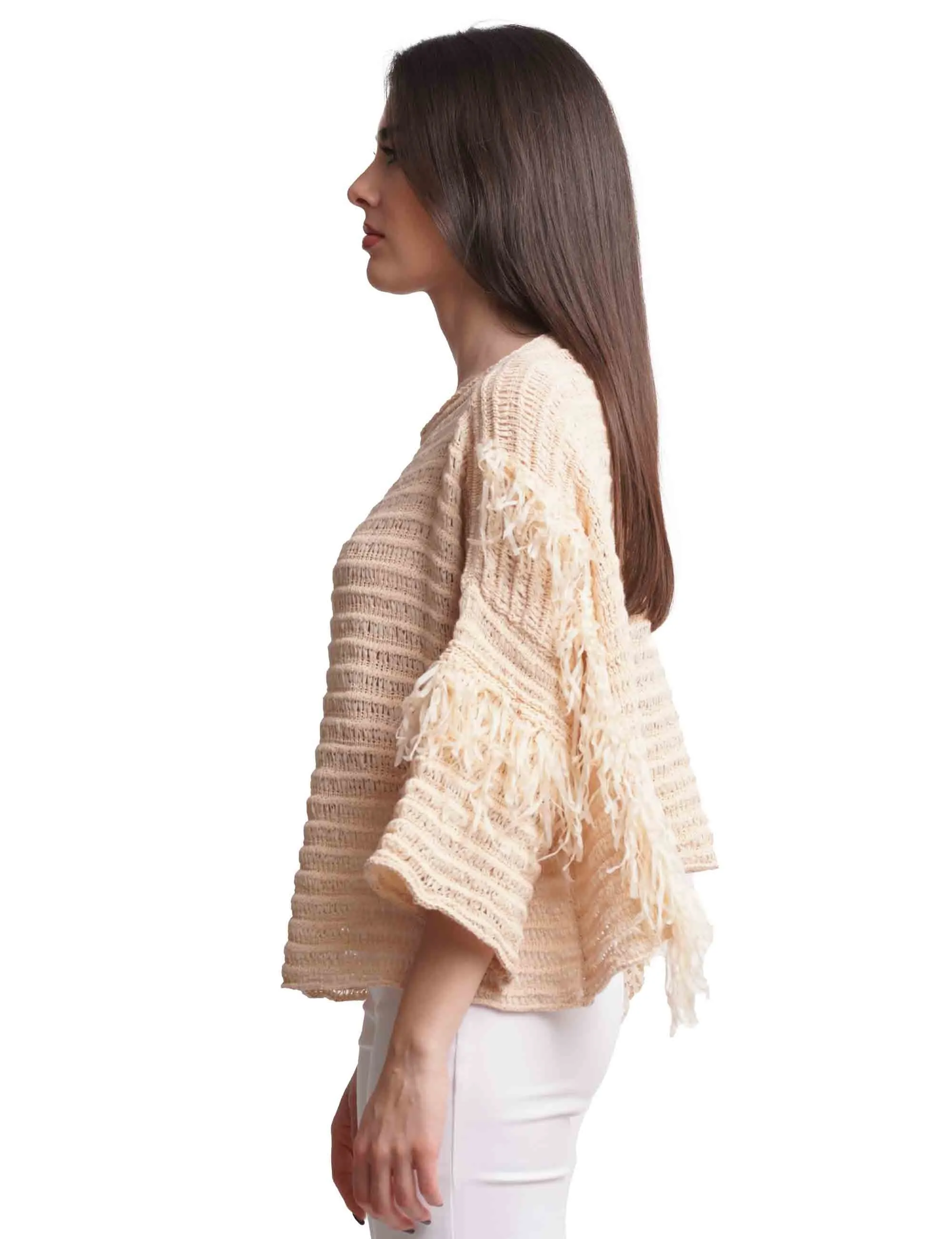 Maglie donna Fettuccia Superlight in tessuto beige con maniche 3/4 e frange