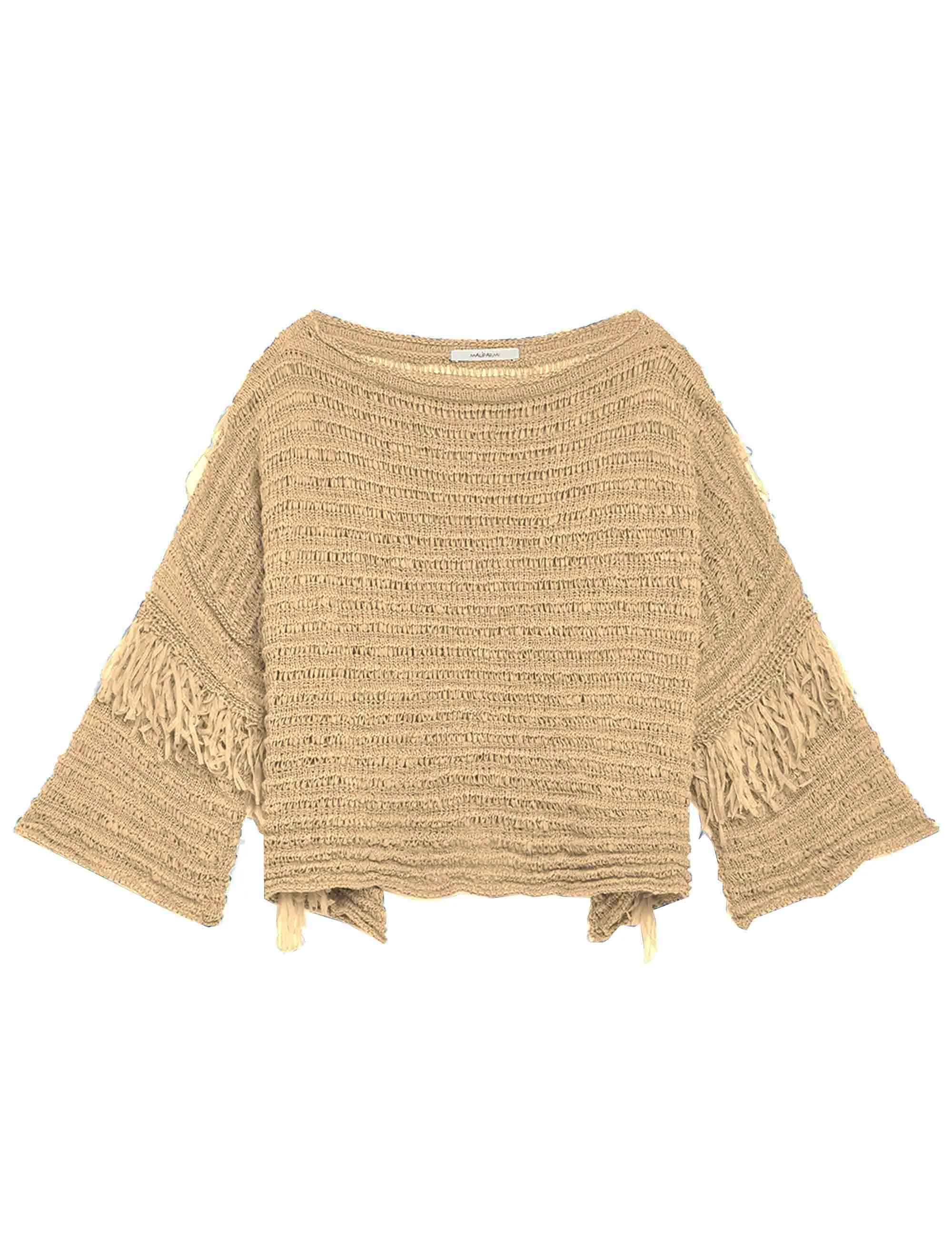 Maglie donna Fettuccia Superlight in tessuto beige con maniche 3/4 e frange