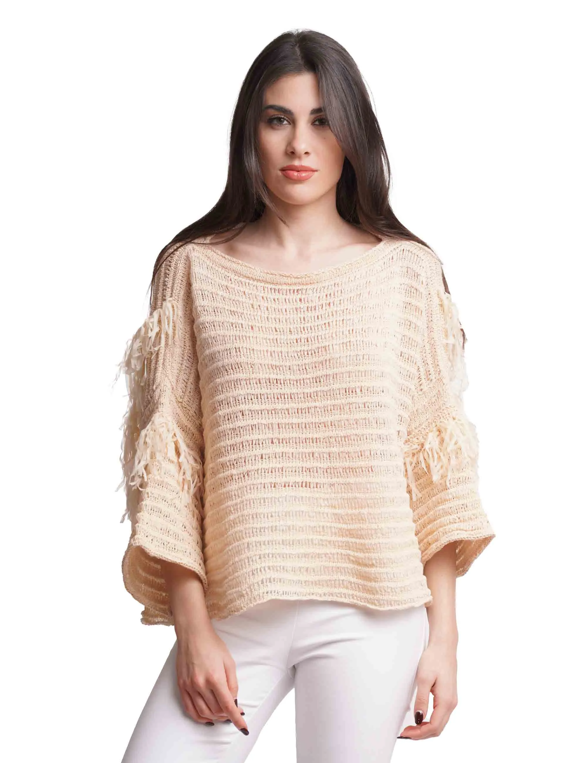 Maglie donna Fettuccia Superlight in tessuto beige con maniche 3/4 e frange