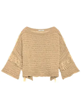 Maglie donna Fettuccia Superlight in tessuto beige con maniche 3/4 e frange