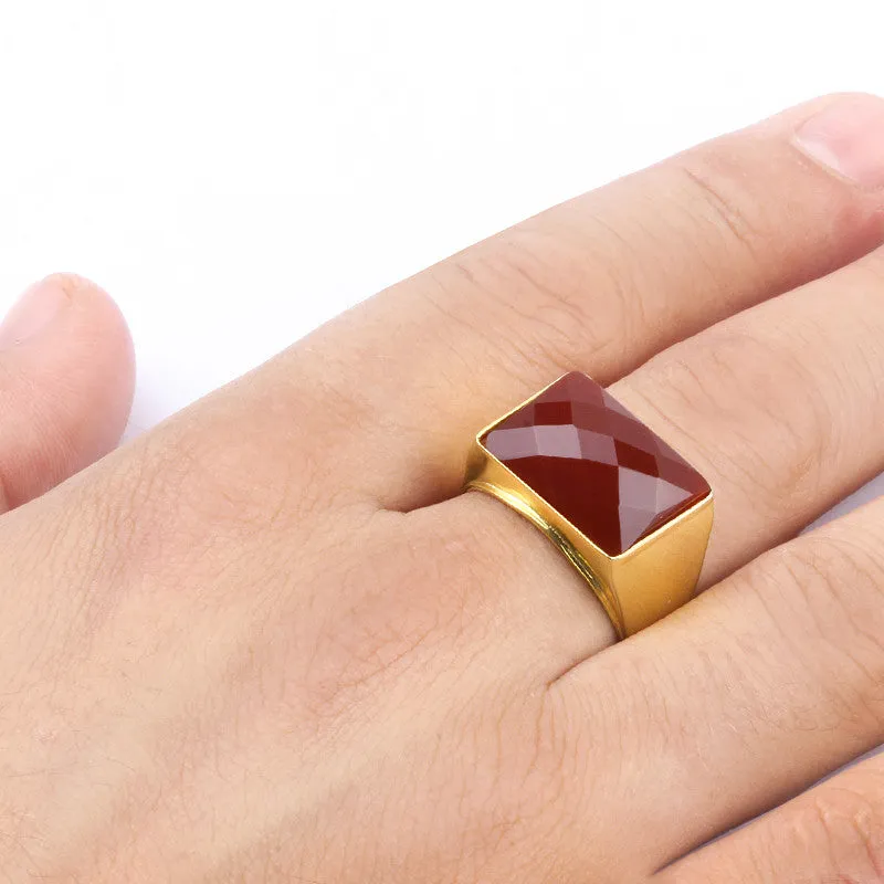 Men's Ring in 14k Yellow Gold with Natural Red Agate Gemstone