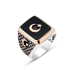 Moon and Star on Black Onyx Stone Square Silver Men’s Ring Siding Diamond Pattern and Moon and Star