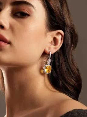 Rubans Rhodium Plated Yellow Sapphire  Zirconia Cushion Cut Classy Drop Earring