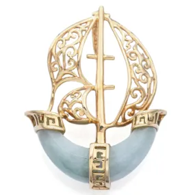 Sanuk Estate 14K Yellow Gold Green Jade Boat Ship Pendant