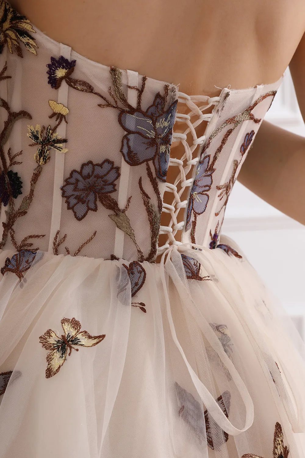 Strapless Corset Floral Butterfly Embroidery Midi Dress