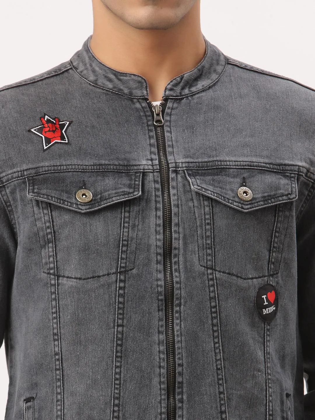 Style Quotient Men Grey Washed Denim Jacket