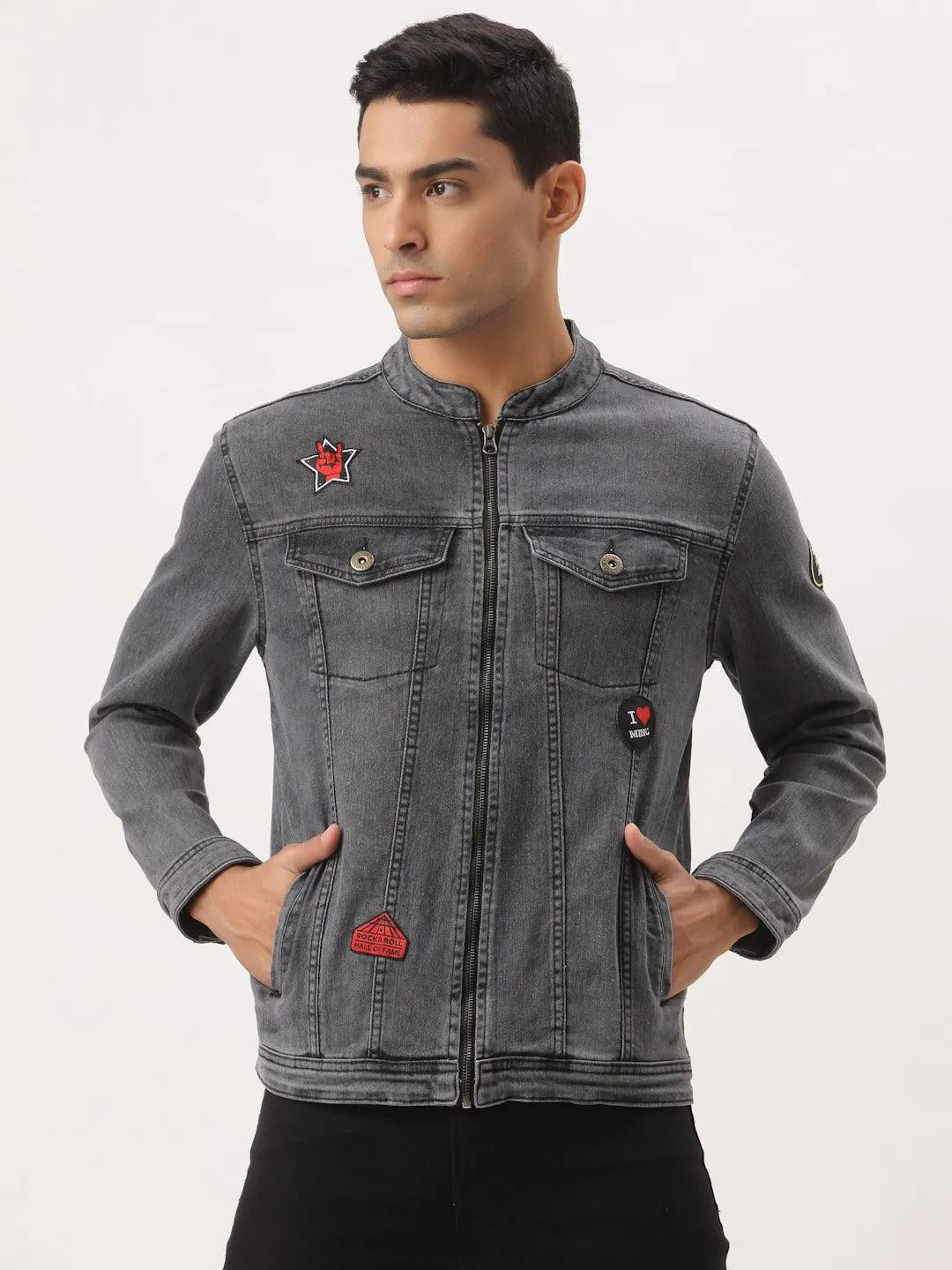 Style Quotient Men Grey Washed Denim Jacket