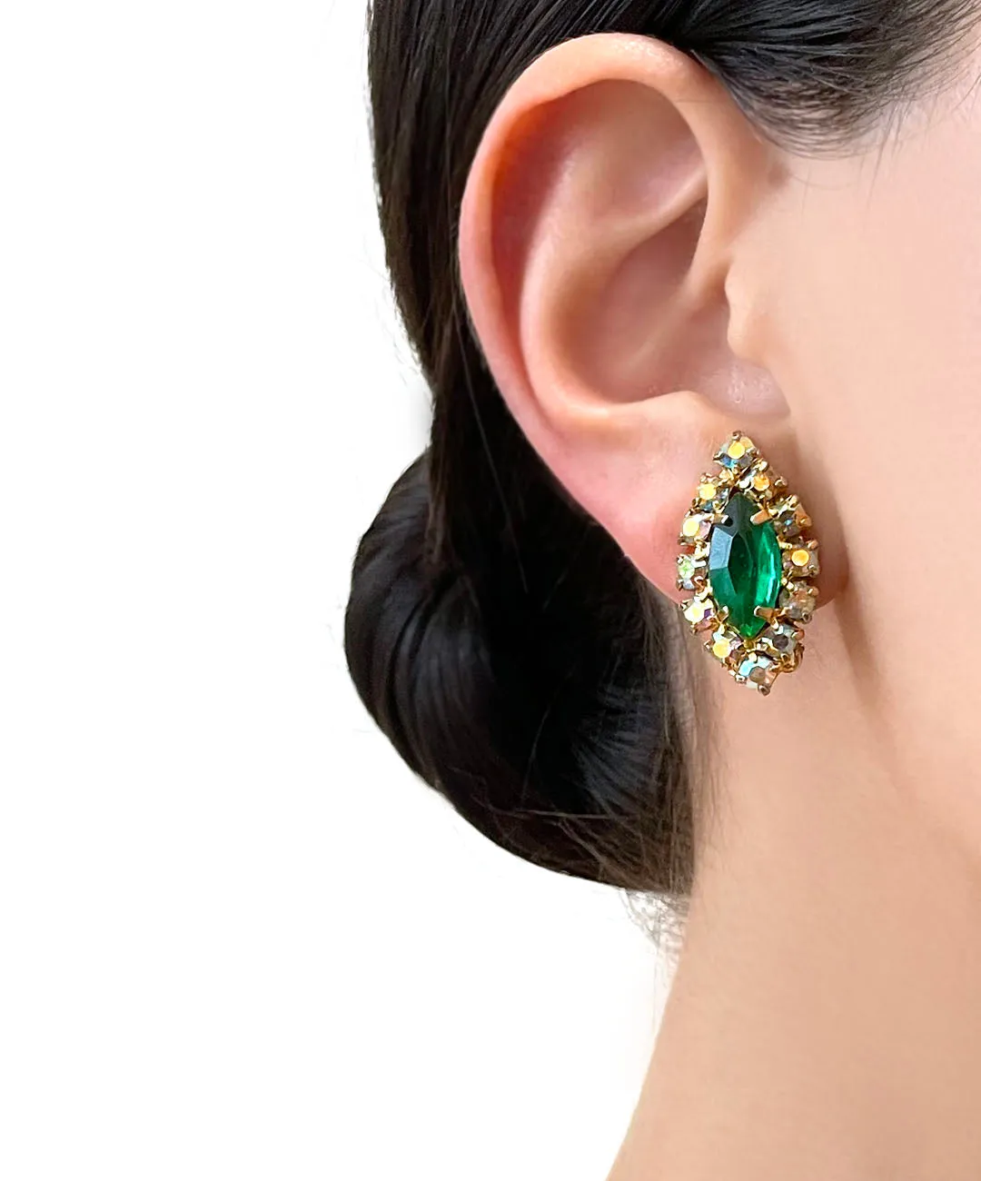 【USA輸入】ヴィンテージ エメラルド オーロラ ビジュー イヤリング/Vintage Emerald Bijou Rhinestones Clip On Earrings