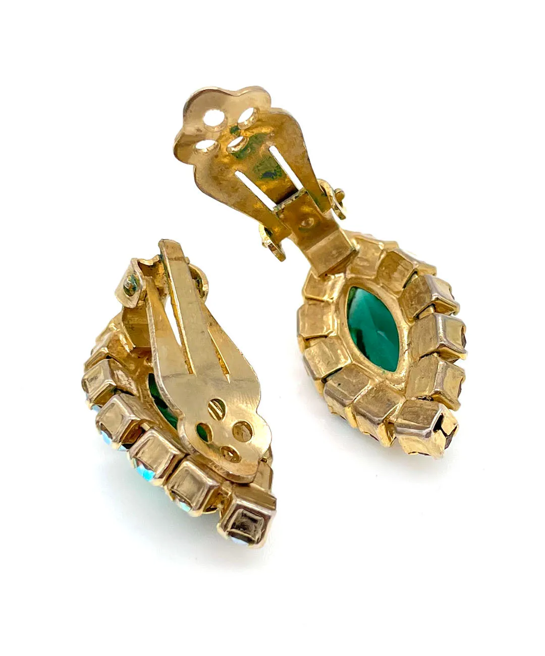 【USA輸入】ヴィンテージ エメラルド オーロラ ビジュー イヤリング/Vintage Emerald Bijou Rhinestones Clip On Earrings