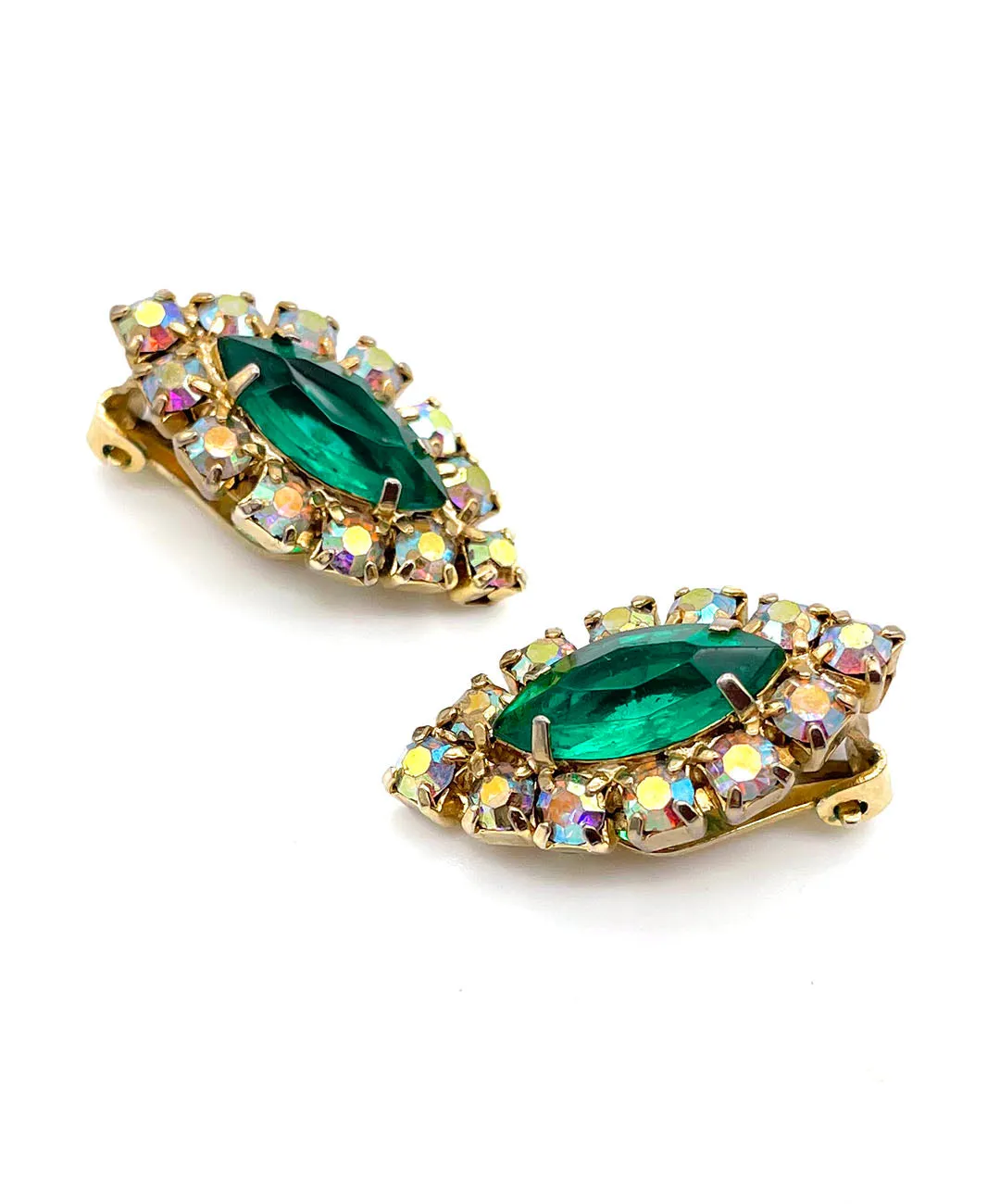 【USA輸入】ヴィンテージ エメラルド オーロラ ビジュー イヤリング/Vintage Emerald Bijou Rhinestones Clip On Earrings