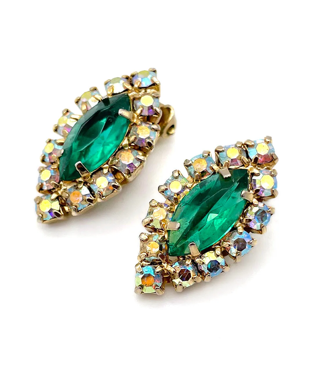 【USA輸入】ヴィンテージ エメラルド オーロラ ビジュー イヤリング/Vintage Emerald Bijou Rhinestones Clip On Earrings