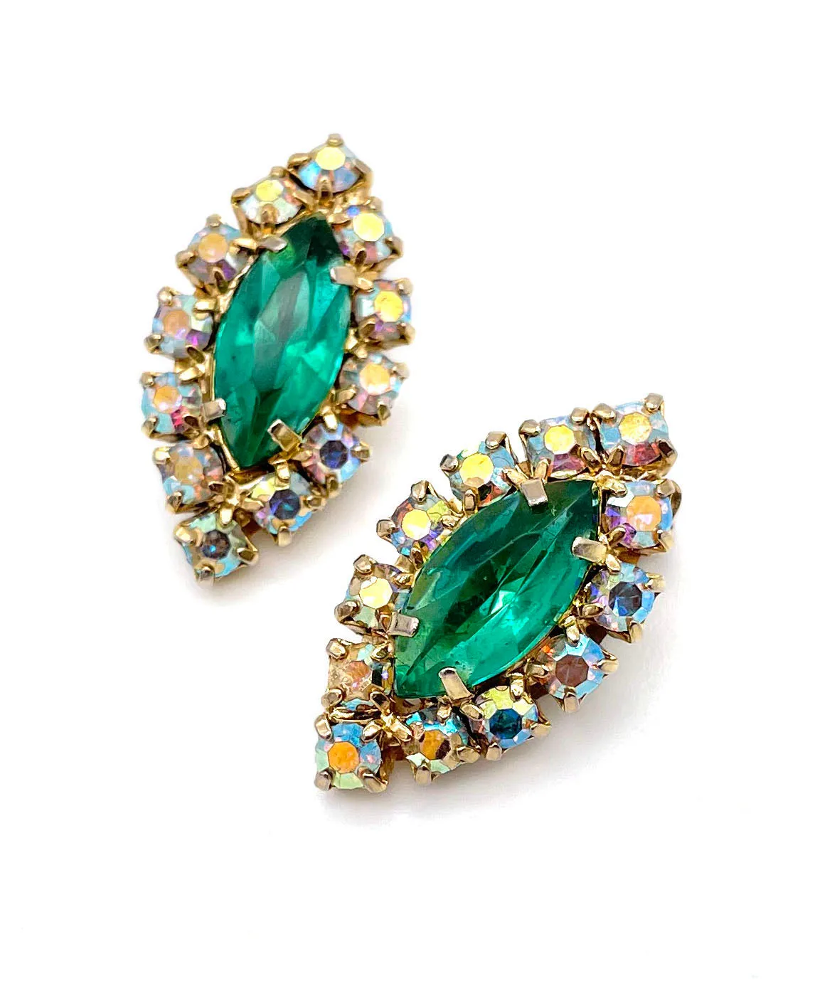 【USA輸入】ヴィンテージ エメラルド オーロラ ビジュー イヤリング/Vintage Emerald Bijou Rhinestones Clip On Earrings