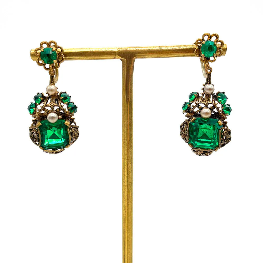 【USA輸入】ヴィンテージ チェコスロヴァキア エメラルド フィリグリー イヤリング/Vintage CZECHOSLOVAKIA Emerald Filigree Earrings