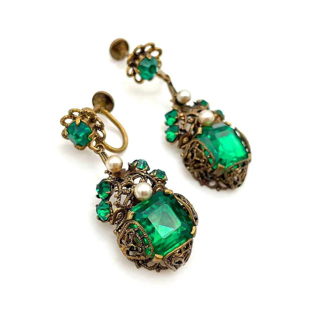 【USA輸入】ヴィンテージ チェコスロヴァキア エメラルド フィリグリー イヤリング/Vintage CZECHOSLOVAKIA Emerald Filigree Earrings