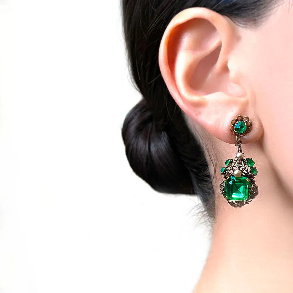 【USA輸入】ヴィンテージ チェコスロヴァキア エメラルド フィリグリー イヤリング/Vintage CZECHOSLOVAKIA Emerald Filigree Earrings