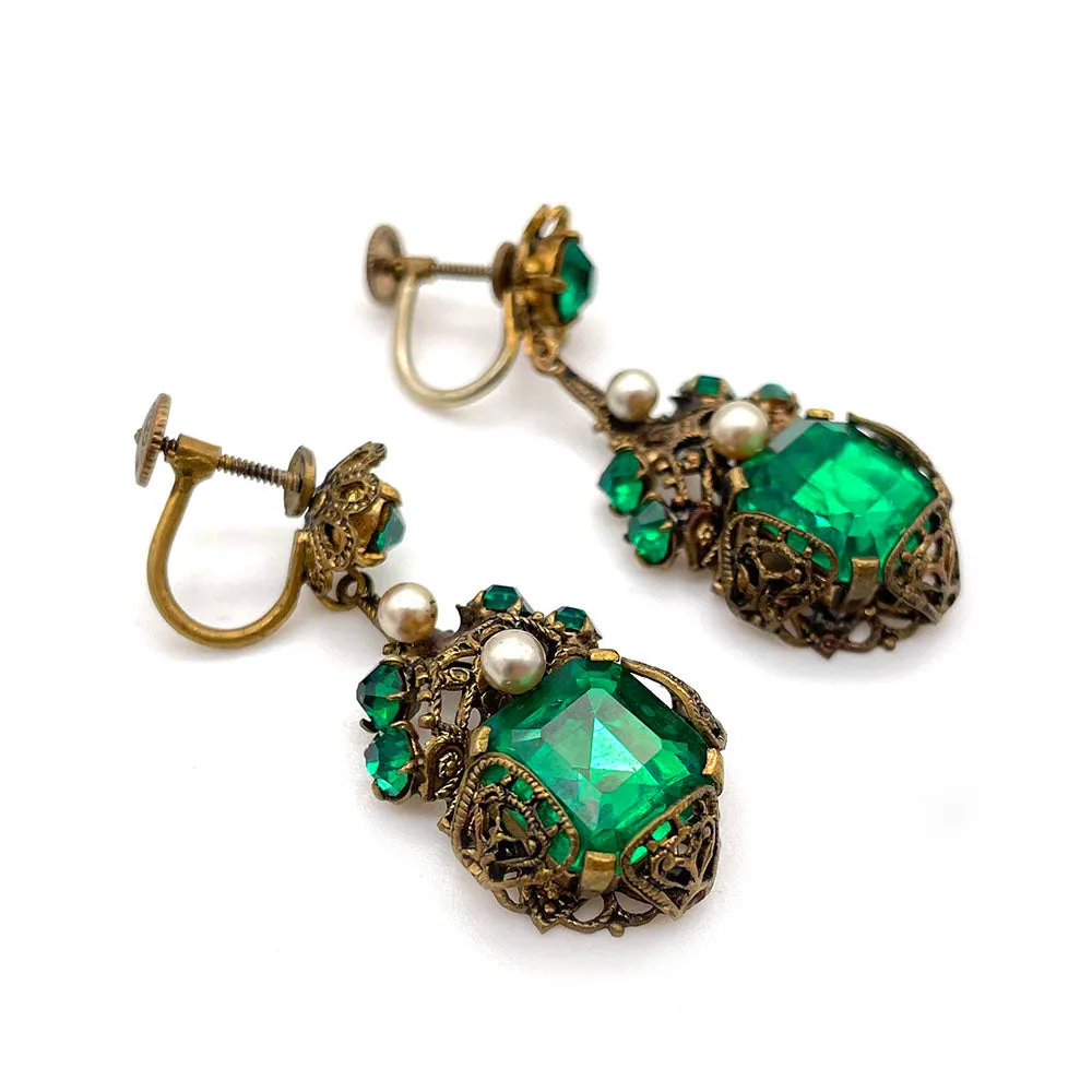 【USA輸入】ヴィンテージ チェコスロヴァキア エメラルド フィリグリー イヤリング/Vintage CZECHOSLOVAKIA Emerald Filigree Earrings