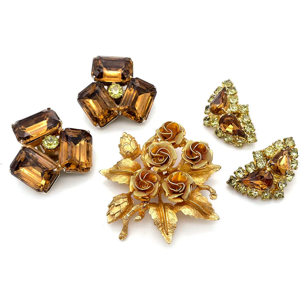 【USA輸入】ヴィンテージ ブラウン ライムイエロー ビジュー イヤリング/Vintage Brown Lime Bijou Clip On Earrings