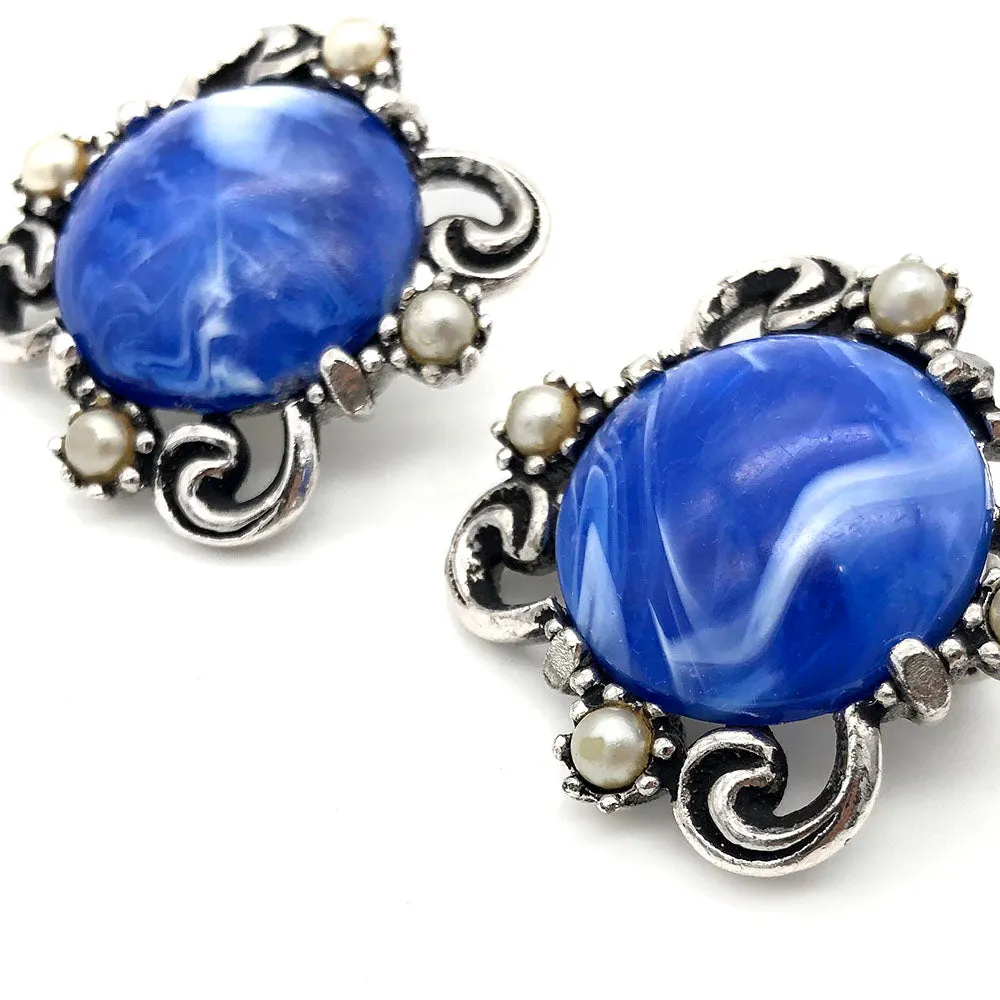 【USA輸入】ヴィンテージ ブルー マーブルルーサイト パール イヤリング/Vintage Blue Marble Lucite Pearl Clip On Earrings