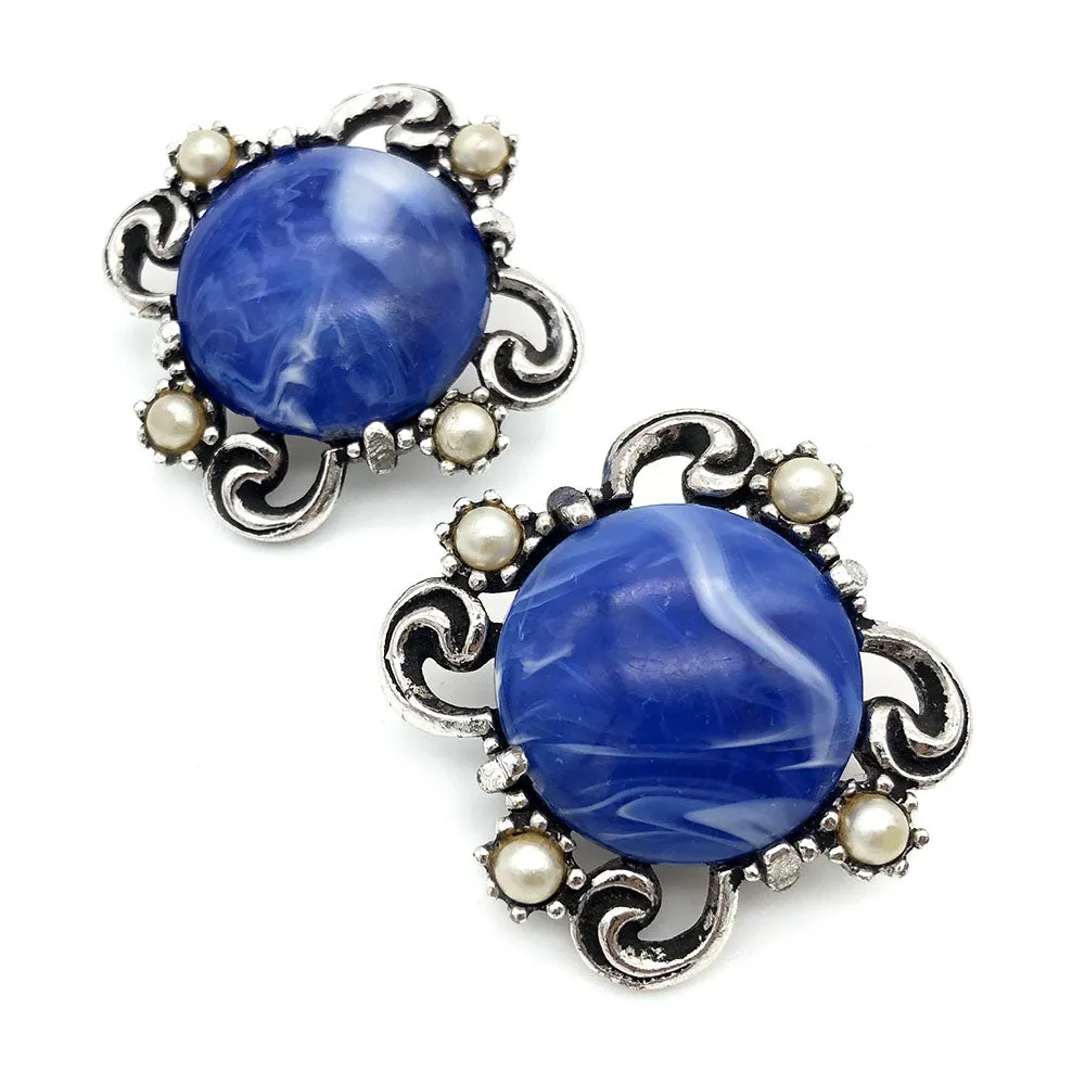 【USA輸入】ヴィンテージ ブルー マーブルルーサイト パール イヤリング/Vintage Blue Marble Lucite Pearl Clip On Earrings