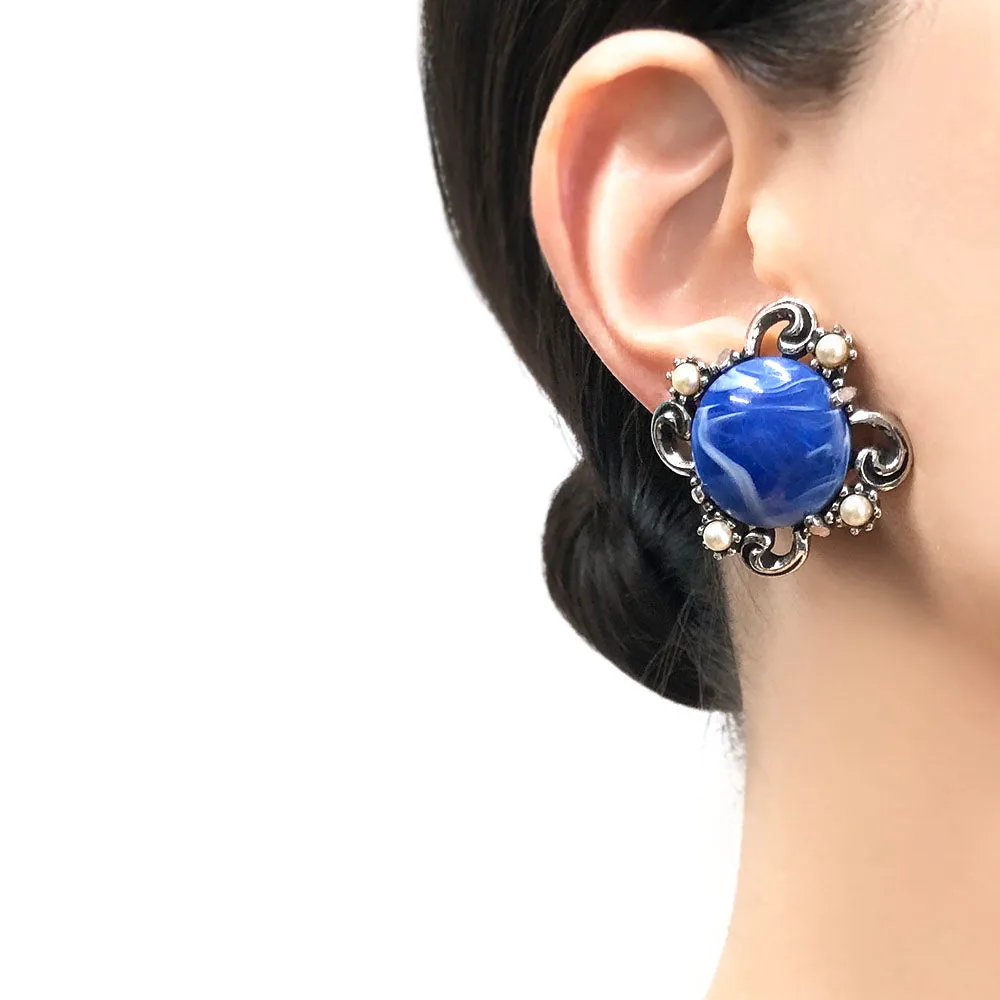 【USA輸入】ヴィンテージ ブルー マーブルルーサイト パール イヤリング/Vintage Blue Marble Lucite Pearl Clip On Earrings