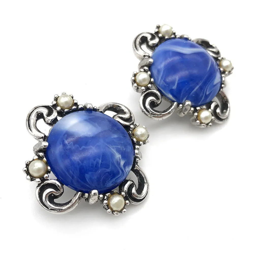 【USA輸入】ヴィンテージ ブルー マーブルルーサイト パール イヤリング/Vintage Blue Marble Lucite Pearl Clip On Earrings