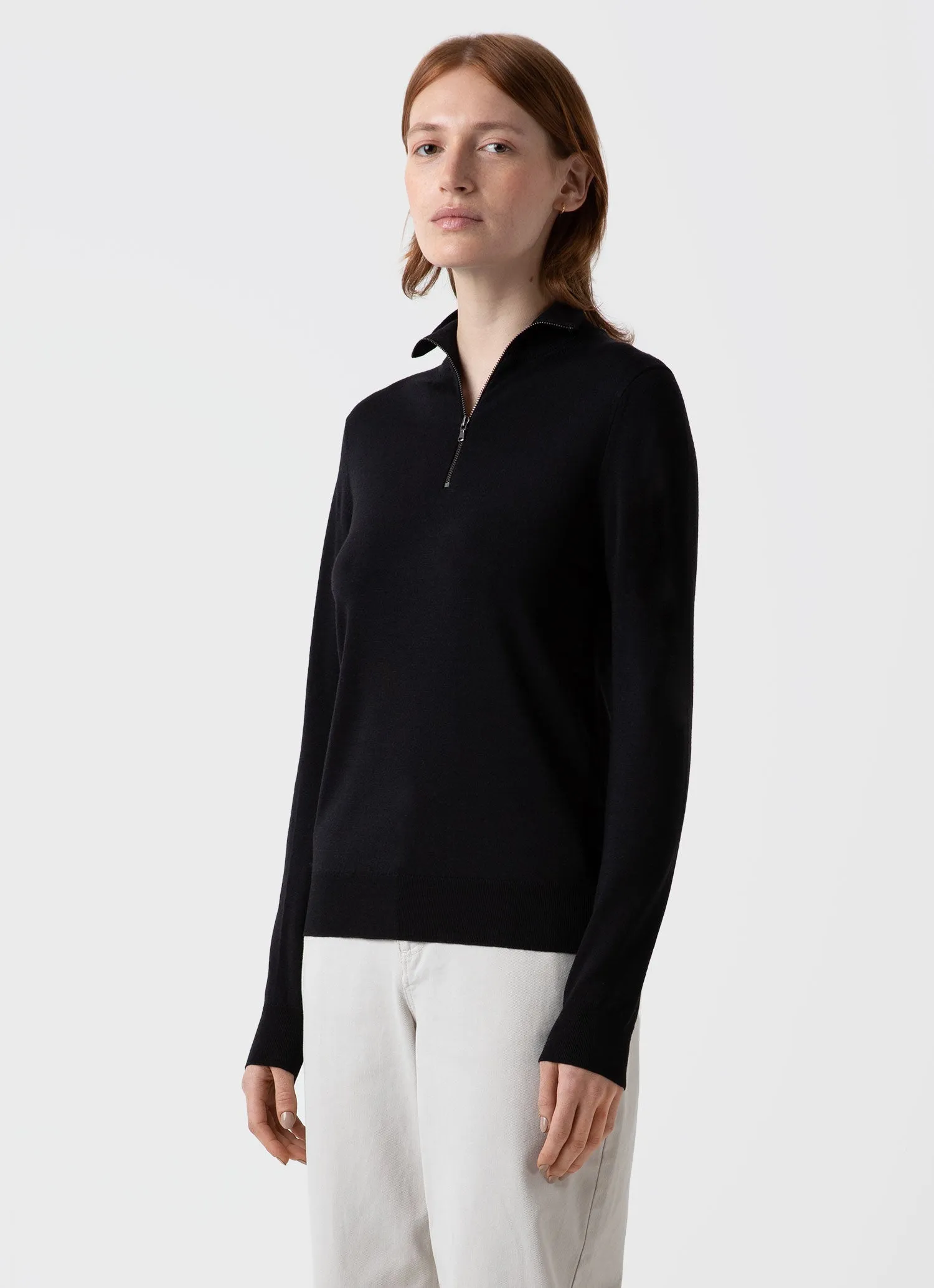 Women's Merino Silk Zip Neck Jumper in Black