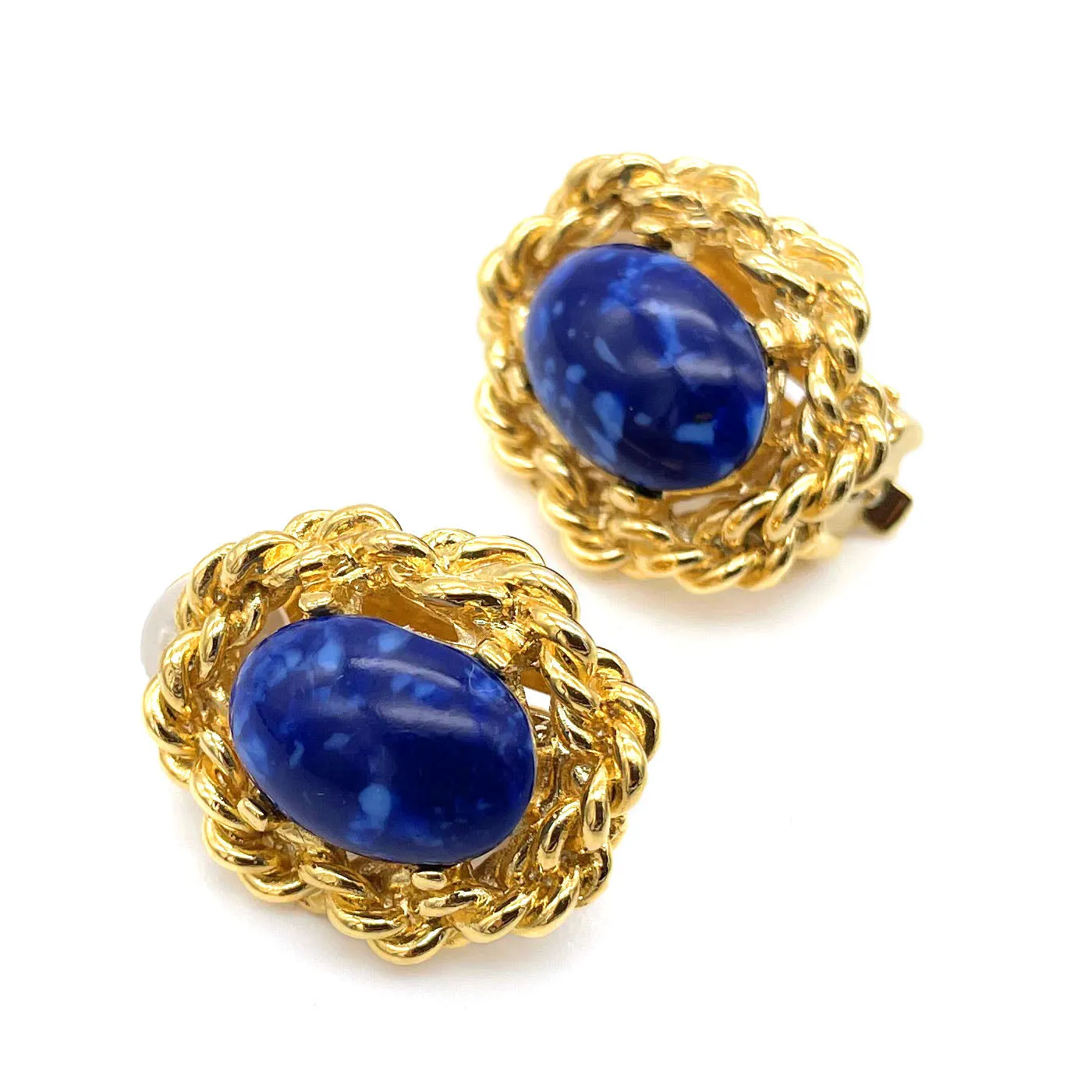 【フランス輸入】ヴィンテージ SPHINX ブルーマーブル イヤリング/Vintage SPHINX Blue Marble Clip On Earrings