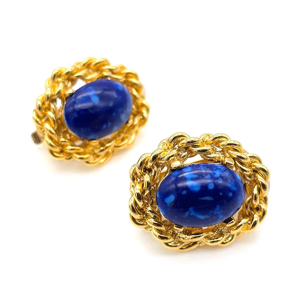 【フランス輸入】ヴィンテージ SPHINX ブルーマーブル イヤリング/Vintage SPHINX Blue Marble Clip On Earrings