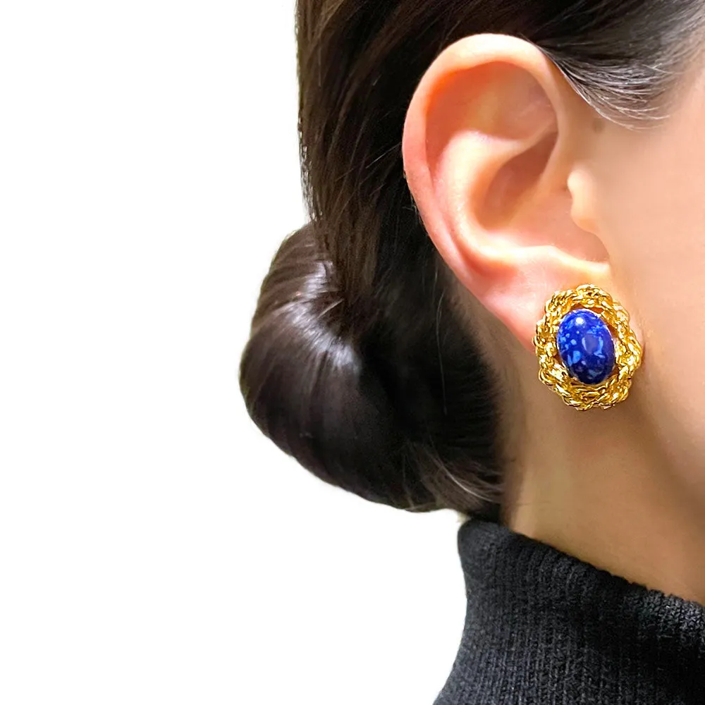 【フランス輸入】ヴィンテージ SPHINX ブルーマーブル イヤリング/Vintage SPHINX Blue Marble Clip On Earrings