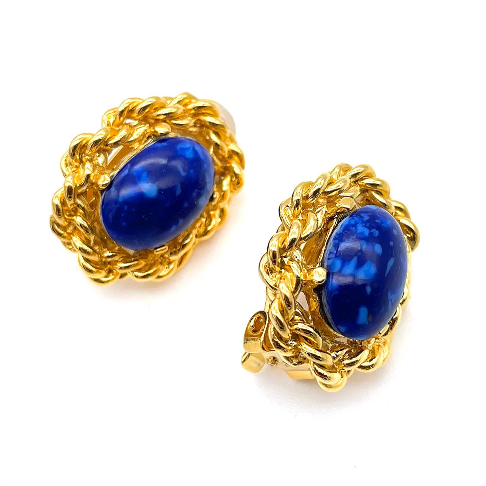 【フランス輸入】ヴィンテージ SPHINX ブルーマーブル イヤリング/Vintage SPHINX Blue Marble Clip On Earrings